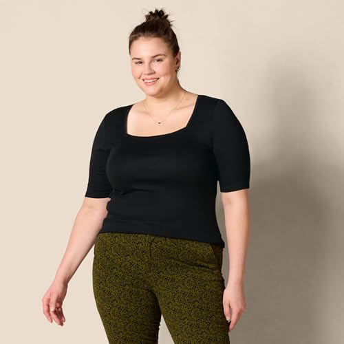 Amazon Essentials Camiseta Entallada con Media Manga y Cuello Cuadrado Mujer, Negro, L