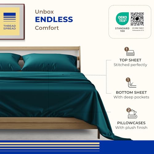 Image of THREAD SPREAD Full Size Bed Sheets, Luxury 1000 Series Paradise Collection 100% Egyptian Cotton Sheets Full Size Set (4 PC, Teal), Silky Soft, Cooling, Sateen, 16 inch Deep Pocket Hotel Sheet Set