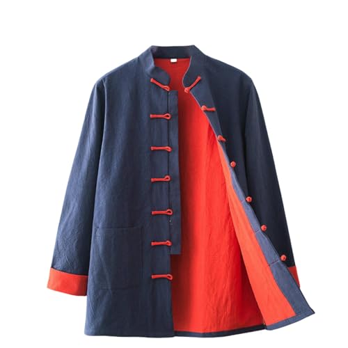Manteau manches longues bleu homme style Hanfu en coton lin col montant L