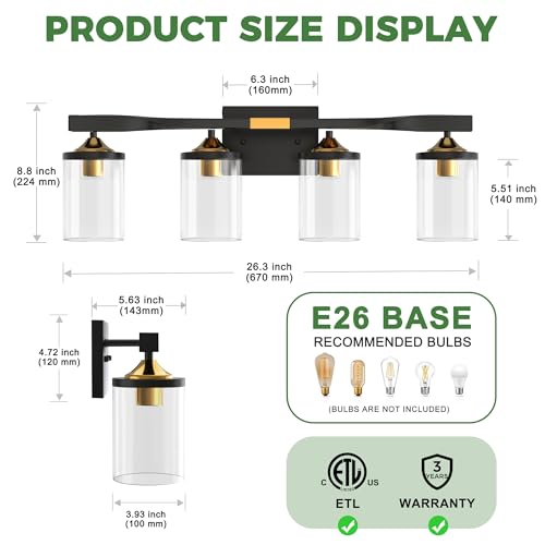 Image of DORESshop 4-Light Bathroom Vanity Light, Black and Gold Bathroom Light Fixtures Over Mirror, Modern Vanity Lights for Hallway Bedroom Living Room
