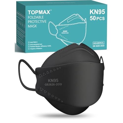 TOPMAX KN95 Face Masks 50 Pack for Adults, Breathable and Comfortable KN95 Mask with Elastic Ear Loop, Filter Efficiency≥95%, Black