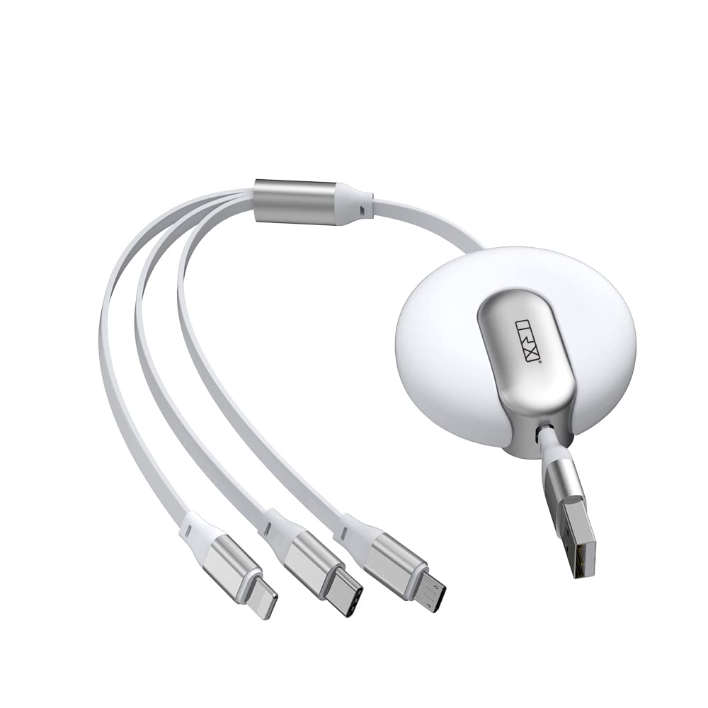 Multi USB Charging Cable Retractable 3-in-1 Multi-USB Fast Charger Cable 4ft/1.2m, for Lightning, Micro-USB Type-C Compatible Phone, Tablet iPad Smartphone, Universal Use, White Colour