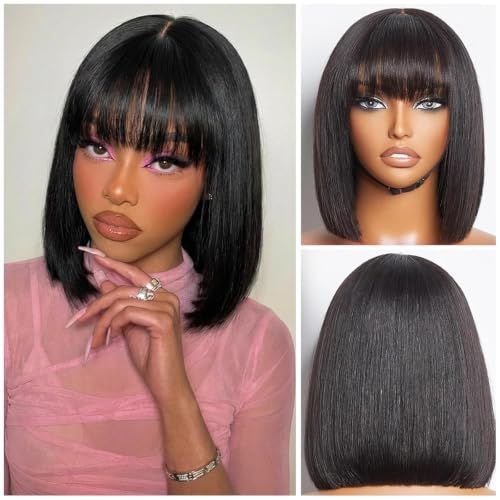 PISRY Bob Wig with Bangs Human Hair HD Lace Hairline Short Black Bob Wigs Wear and Go Glueless Wigs for Black Women 180 Density 12Inch