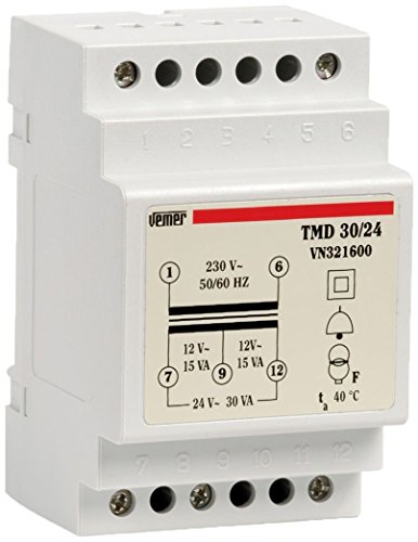 VEMER VN321600 TMD 30/24 - Transformador de Electricidad de Carril DIN para Servicio Discontinuo, Ideal para Timbres, Citófonos, Alarmas, Puertas Automáticas, 230V/12-24V, Potencia 30VA, Blanco