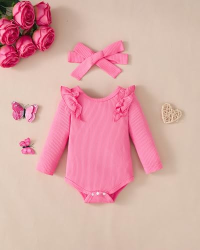 veikimous Newborn Baby Girl Clothes 3-6 Months Infant Girl Fall Winter Outfits Pink Clothing Set with Headband Preemie Girls Pants Set