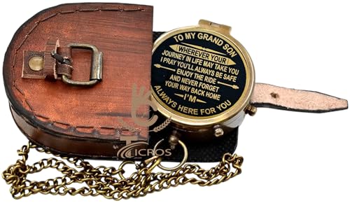 Brújula vintage de latón con estuche de cuero grabado miniatura 6