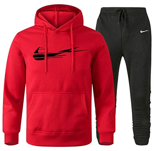 Tracksuit for men warm hooded jogging track suits brand printed 2 pieces man sweatsuit set (Red, USA Medium, Asia-XX-Large)