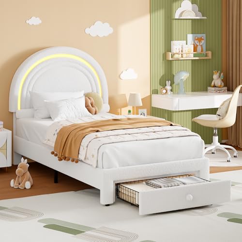 GarveeHome Twin Upholstered LED Bed Frame - with Storage Drawer and Rainbow Headboard, Berber Fleece Princess Platform Bed for Kids, Solid Wood Slat S
