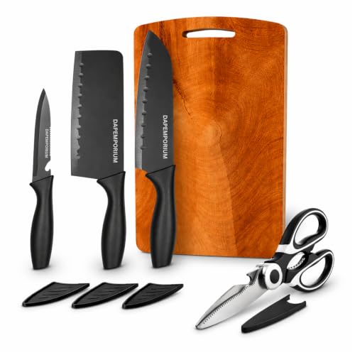 Image of Kitchen Knife Set with Wooden Cutting Board & Kitchen Scissors | Black Coted Stainless Steel Blade with Cover | Heavy-Duty Kitchen Scissors | Wood Chopping Board for Vegetable, Fruit & Meat Cutting