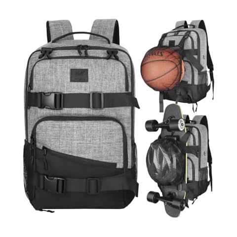 WOLT Skateboard Backpack, 15.6 Inch Laptop Backpack for Men Women, Sports Backpack with Ball Holder for Longboard Basketball Soccer, Grey Cover