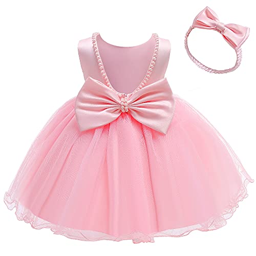 AVAZU 6M-6T Toddler Baby Girls Pearl Backless Big Bowknot Tutu Gown Party Wedding Ball Gown Princess Dress with Headwear Light Pink 110