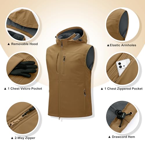 Image of 33,000ft Men's Lightweight Softshell Vest Hooded Outerwear Zip Up Fleece Lined Windproof Sleeveless Jacket for Golf Running