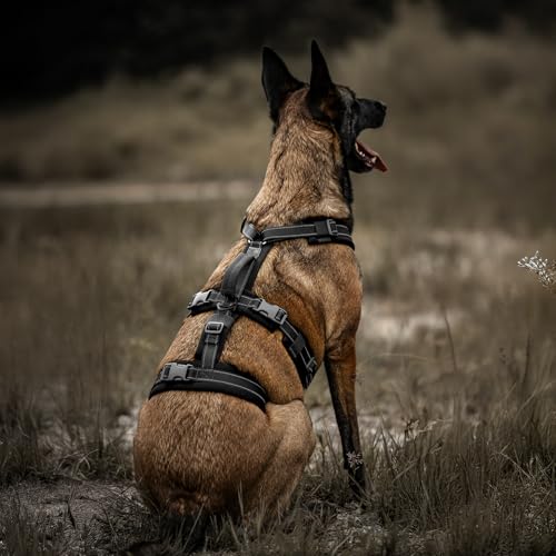 OneTigris Hundegeschirr, HOUNDLOCK Taktisches Geschirr Ausbruchsicher Einstellbar Weich Gepolstert Brustgeschirr mit 1 Griff, 2 D-Ringe und Reflektierend (Schwarz, XL)