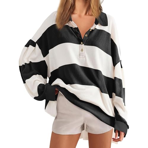 CHARTOU Women Spring Fall Stripes Pullover Sweatshirt Polo Collar Long Sleeve Oversized Pullover Shirt Tops