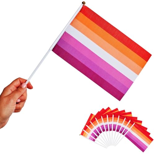 Runesol 12er Packung Lesben Flaggen, 14 x 21 cm, Mini LGBTQ Handfahne, Kleine Stockfahnen, LGBT Pride-Dekoration für Parties, LGBTQ+ Deko, Events, Feiern, Handgehaltene Flaggen, Festival Parade Feier