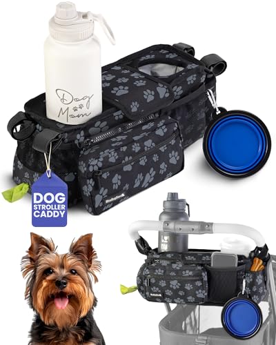 Image of Dog Stroller Caddy Organizer with Poop Bag Dispenser, Treat Pocket, Water Bowl - Dog Stroller Accessories with Insulated Cup Holders, Pet Storage & Non-Slip Fit for 14 inch-19 inch Wide Handlebars - Paws