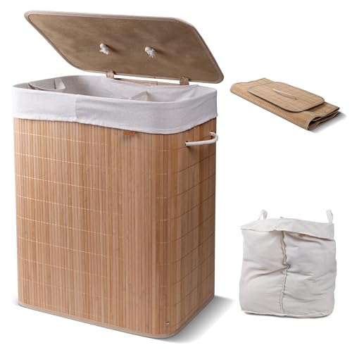 CleverMade Bamboo Laundry Hamper Double with Lid, 103L Large Laundry Hamper with Removable Divided Liner, Collapsible Clothes Hamper for Sorting, Bedroom, Bathroom, Dorm by CleverMade - Used condition - US$22.45