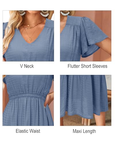 Image of VOTEPRETTY Women's 2026 Summer Boho Maxi Dresses Flutter Short Sleeve V Neck Casual Beach Wedding Guest Vacation Long Dress