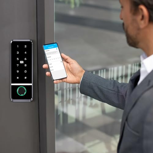 Candeon Elektronisches Smartes Türschloss, RFID/Tuya-App/WiFi Zugangskontrolle Tastatur Fingerprint Türöffner, Wasserdicht Touchscreen Codeschloss für Außen- und Innenbereich, 125 kHz /13,56 MHz