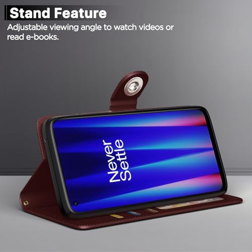 Image of Pikkme Flip Cover for OnePlus Nord CE 2 5G Leather Finish | Inside TPU with Card Pockets | Wallet Stand and Shock Proof | Complete Protection Button Flip Case (Brown)