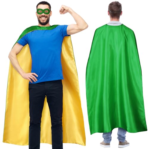 Adult Superhero Cape & Mask Set - Double-Sided Green & Yellow Super Hero Capes and Masks for Men Women Dress-Up Parties