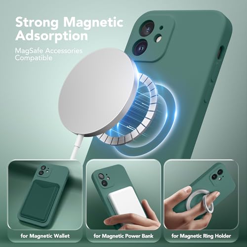 Image of Magnetic for iPhone 12 Case, Compatible with MagSafe, [Full Camera Protection][Screen Protector] Silicone Shockproof Protective Phone Case for iPhone 12 6.1 inch, Midnight Green
