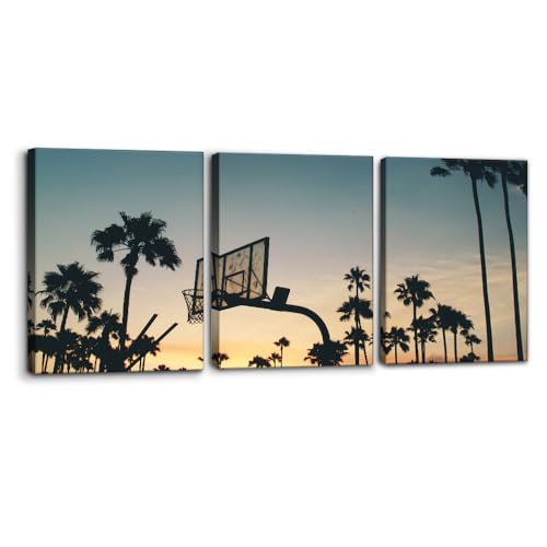 Pacimo 3 Pieces Modern Sports Artwork Canvas Prints Basketball Stands and Palm Trees Under The Sunset Pictures Paintings on Canvas Wall Art for Home Wall Decor Stretch Framed Ready to Hang- 12"x16"x3