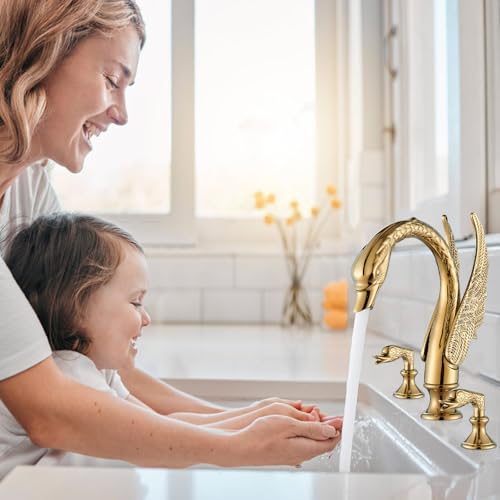 Vidugg Gold Swan Bathroom Sink Faucet 3 Holes Widepspread Bathroom Faucet Double Swan Handles Basin Faucet Sink Mixer Tap Bathroom Vanity Faucets Contemporary Sink
