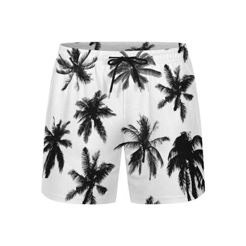 Palm Tree Mens Swim Trunks with Compression Liner 2-in-1 Black White Tropical Leaves Swimming Board Shorts 5 inches Inseam Fashion Stretch Quick Dry Bathing Suits Beach Swimsuit with 4 Pockets -L