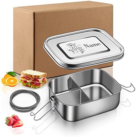 OXYEFEI Edelstahl Brotdose mit Fächern, Personalisierte Lunchbox Auslaufsicheres mit Namen Gravur Metall Brotzeitdose Cover
