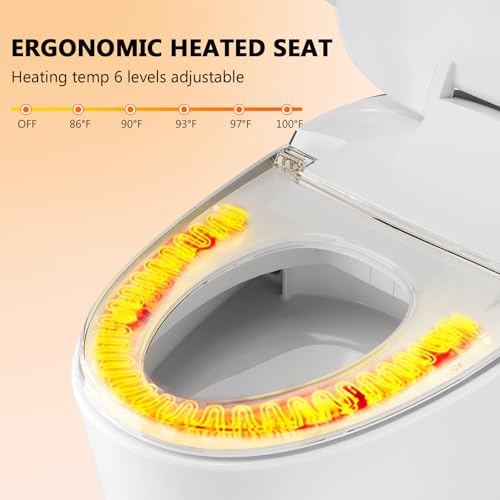 Smart Toilet, Auto Flush Smart Toilet, Modern Toilet for Bathroom, Elongated Smart Tankless Toilet with Heated Seat, Foot Sensor Operation, Automatic Flush, LED lights, White