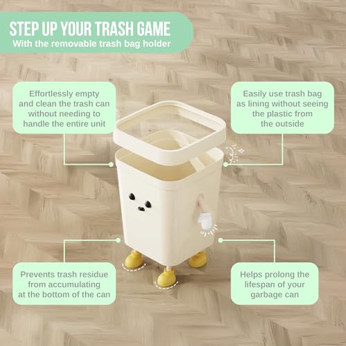 Image of 3.2-Gallon Cute Kids Trash Can - Durable Waste Basket Perfect for Kids Rooms, Classrooms, Pediatric Clinics - Beige Square-Shaped Trash Bin w /Arms & Legs - Comes with Removable Trash Bag Holder