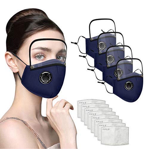 Adults_Face_Mask With Eye Shield Reusable Washable,With Replaced Filter Pads,Elastic Earloop Cotton Cloth Face Bandanas Coverings with air valves,Protection From Dust Haze (4Pcs+8 filters, Dark Blue)
