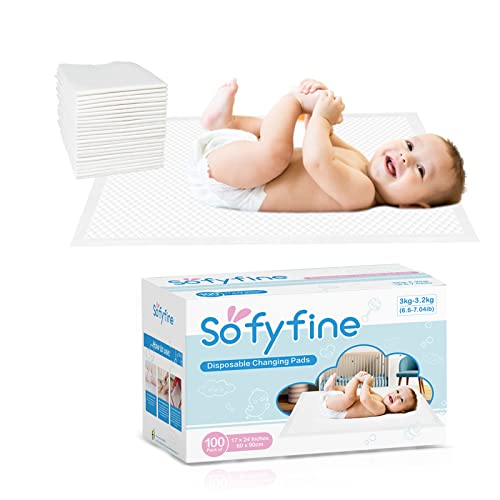 SOFYFINE Cambiadores desechables para bebé (100 unidades) almohadillas desechables a prueba de fugas, almohadilla cambiadora de pañales suave, 17 x 24 pulgadas, color blanco