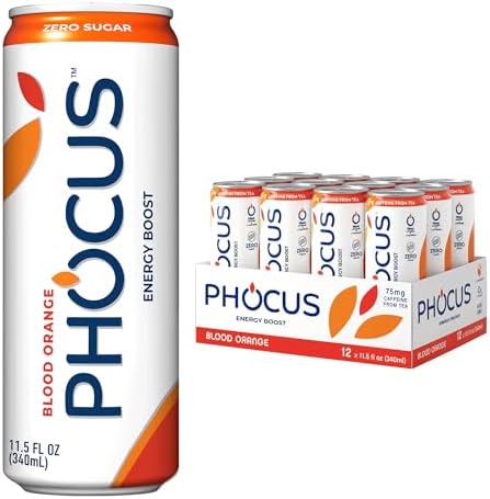 PHOCUS Caffeinated Sparkling Water, Blood Orange, 75mg Natural Caffeine Plus L-Theanine, Zero Sugar, Zero Calories, No Artificial Sweeteners, 11.5 fl oz Cans (Pack of 12)