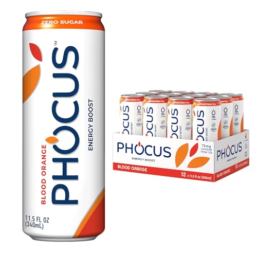 PHOCUS Caffeinated Sparkling Water, Blood Orange, 75mg Natural Caffeine Plus L-Theanine, Zero Sugar, Zero Calories, No Artificial Sweeteners, 11.5 fl oz Cans (Pack of 12)