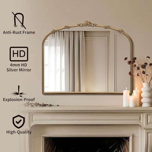 Image of Besdomus Vintage Gold Arched Mirror: 36 inchx29 inch Antique Vanity Mirror | French Baroque Decorative for Wall /Mantel /Bedroom /Entryway /Bathroom /Hallway - Home Decor for Fashion- Conscious