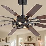 60 Inch Farmhouse Ceiling Fans with Rustic Lights, Caged Ceiling Fans with Remote, Industrial Ceiling Fan with Reversible DC Motor, Antique Flush Mount Fan with Chandelier for Living Room Bedroom