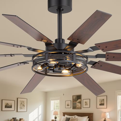 60 Inch Farmhouse Ceiling Fans with Rustic Lights, Caged Ceiling