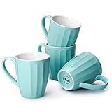 Sweese 602.102 Porcelain Fluted Mugs - 14 Ounce Coffee Cup Set for Coffee, Tea, Cocoa, Set of 4, Turquoise