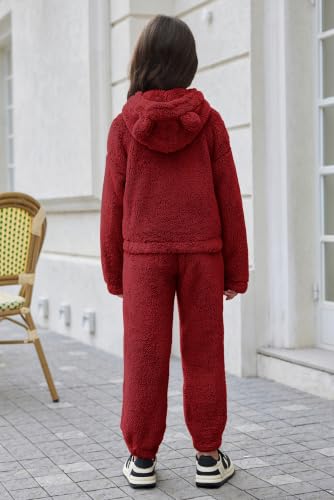 Image of Arshiner Girls 2 Piece Outfits Sweatsuit Fuzzy Long Sleeve Bear Ear Hoodie Sweatshirt and Sweatpant Kids Clothing Sets
