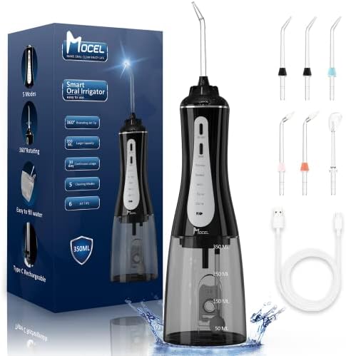 MOCEL Water Dental Flosser Oral Irrigator with 5 Modes, 350ml Cordless Water Teeth Cleaner Pick 6 Tips, IPX7 Waterproof Rechargeable Portable Powerful Battery for Travel & Home Braces & Bridges Care