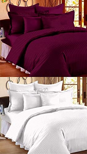 Image of Combo Pack of 2 Cotton Satin Stripes Plain Bedsheets for Double Bed with 4 Pillow Covers for Home, Hotels Rooms, Guest House (Color- Maroon & White)