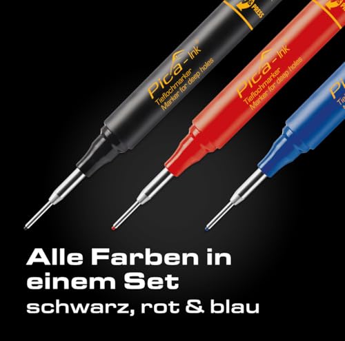Pica Ink-Set I 3 Tieflochmarker in schwarz, rot, blau I 1,5mm I permanenter Markierstift ideal für schwer zugängliche Stellen I perfekt für Bohrlöcher I wasserfest I für fast alle Oberflächen