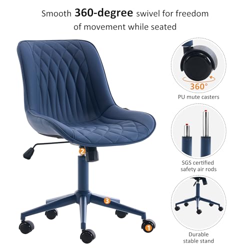 Image of YOUNIKE Faux Leather Office Chair Ergonomic Desk Chair Armless Navy Blue | Ergonomic Upholstered Rocking Back, Swivel with Wheels, Height Adjustable, Modern Task Chair For Computer Sewing Drafting