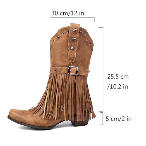 Women's Fringe Cowboy Boots Mid Calf Cowgirl Boots with Studded Pointed Toe and Chunky Heel Western Tassel Riding Boot2
