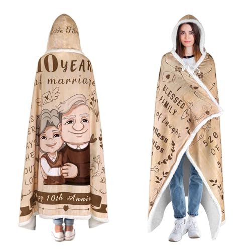 Coperta indossabile Sherpa con cappuccio per decimo anniversario, regalo per 10 anni di matrimonio, per sorella, fratello, figlia, figlio o amico come regalo per celebrare il tuo decimo anniversario