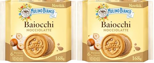 Mulino Bianco Biscotti Baiocchi Nocciolatte, Cialde di Pastafrolla Farcite con Crema alle Nocciole 100% Italiane da Filiera Sostenibile, Snack Ideali per Colazione o Merenda, Senza Olio di Palma, 168g