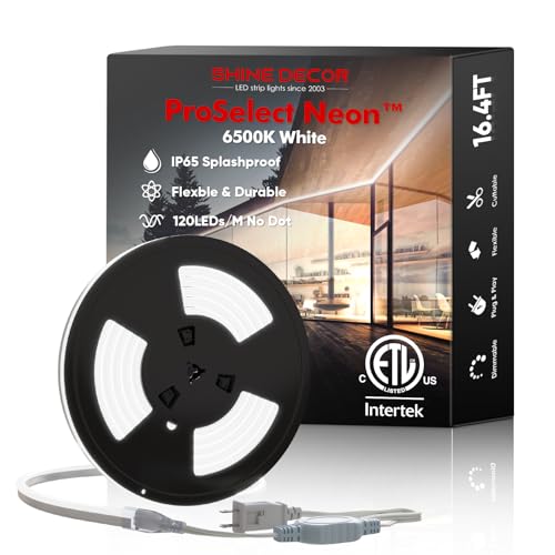 Shine Decor LED Neon Rope Lights AC 120V, ETL-Listed Flexible 120LEDs/M Dotless Strip Lighting, Custom Cuttable & IP65 Waterproof for Indoor Outdoor, 7x14.5mm, 6500K Cool White, 16.4FT