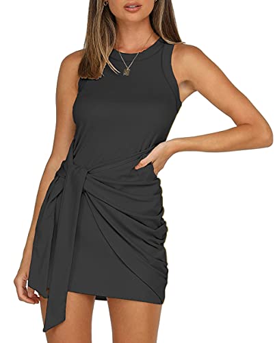 LETSRUNWILD Women s Summer Tank Dress Crew Neck Ruched Tie Waist Sleeveless Solid Casual Bodycon Short Mini Dresses MO# Dark-Medium